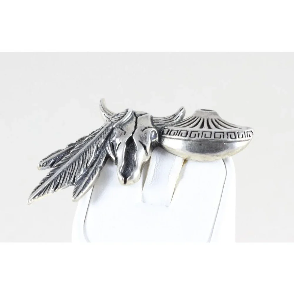 Vintage Sterling Silver Western Pin Brooch Steer Feather and Bowl - Picture 3 of 5
